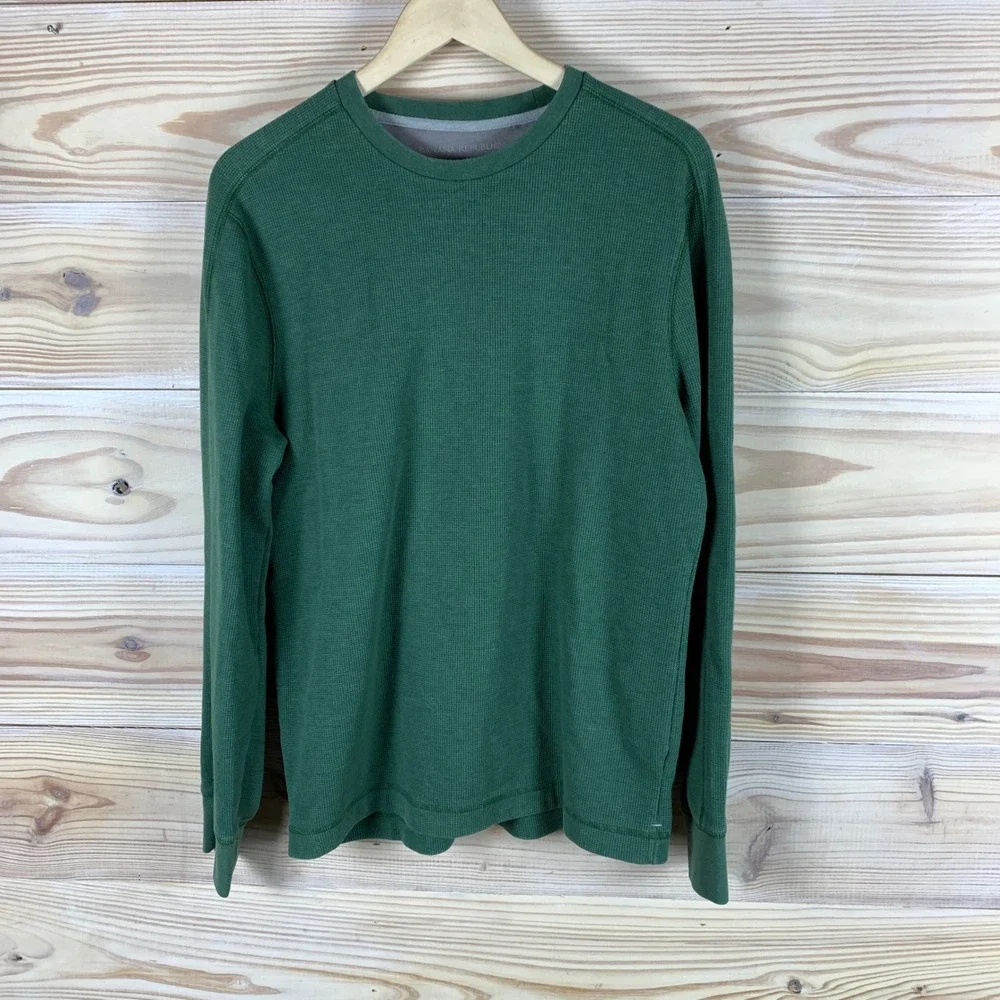 Banana Republic Thermal Shirt Men Large Green Waffle Knit Cotton Long Sleeve Top